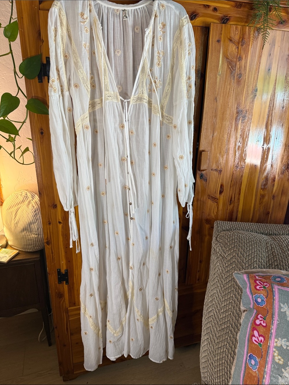 Free People White Maxi  dress or robe with Gold Embroidery